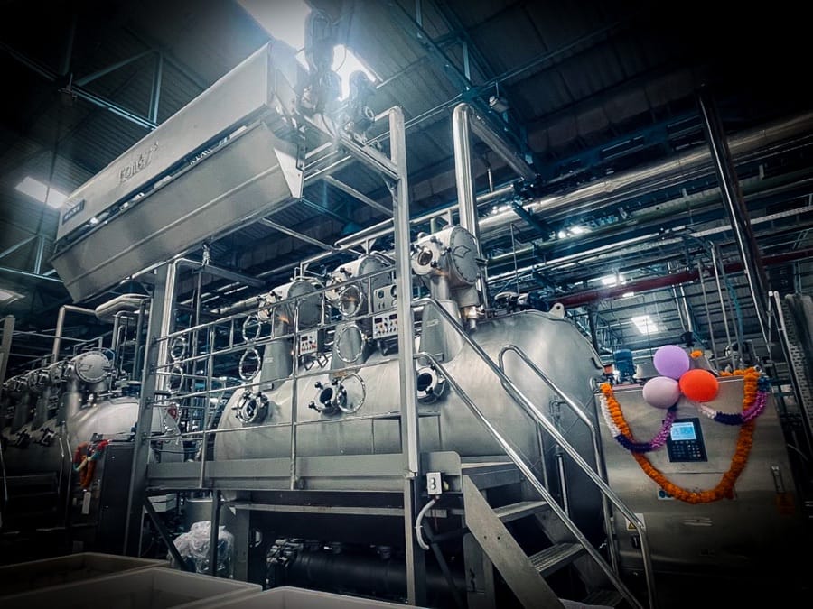 Commercial dyehouse processing equipment at a certified Fibre52 manufacturing partner in India